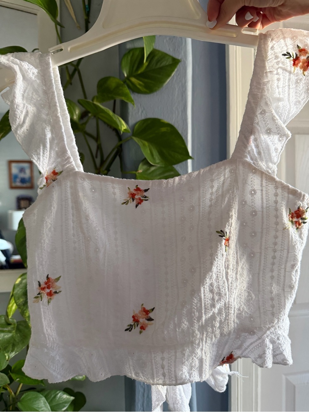White Floral Eyelet Tie-Back Crop Top — Lightweight Summer Style